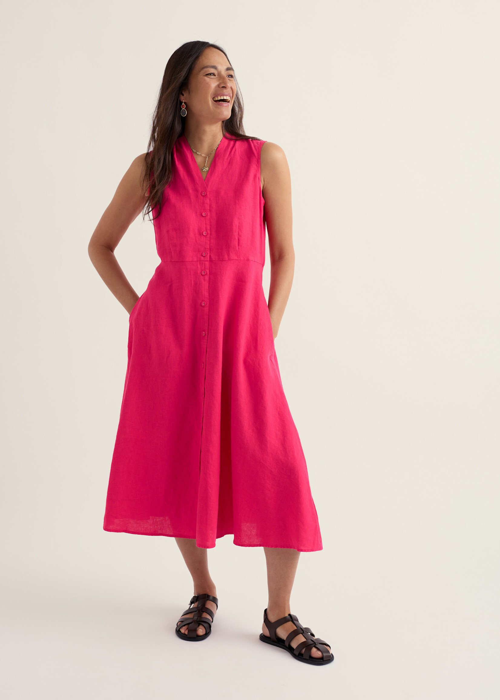 SEASALT CORNWALL SEASALT SLEEVELESS CARVED WOOD LINEN DRESS BRIGHT RADISH