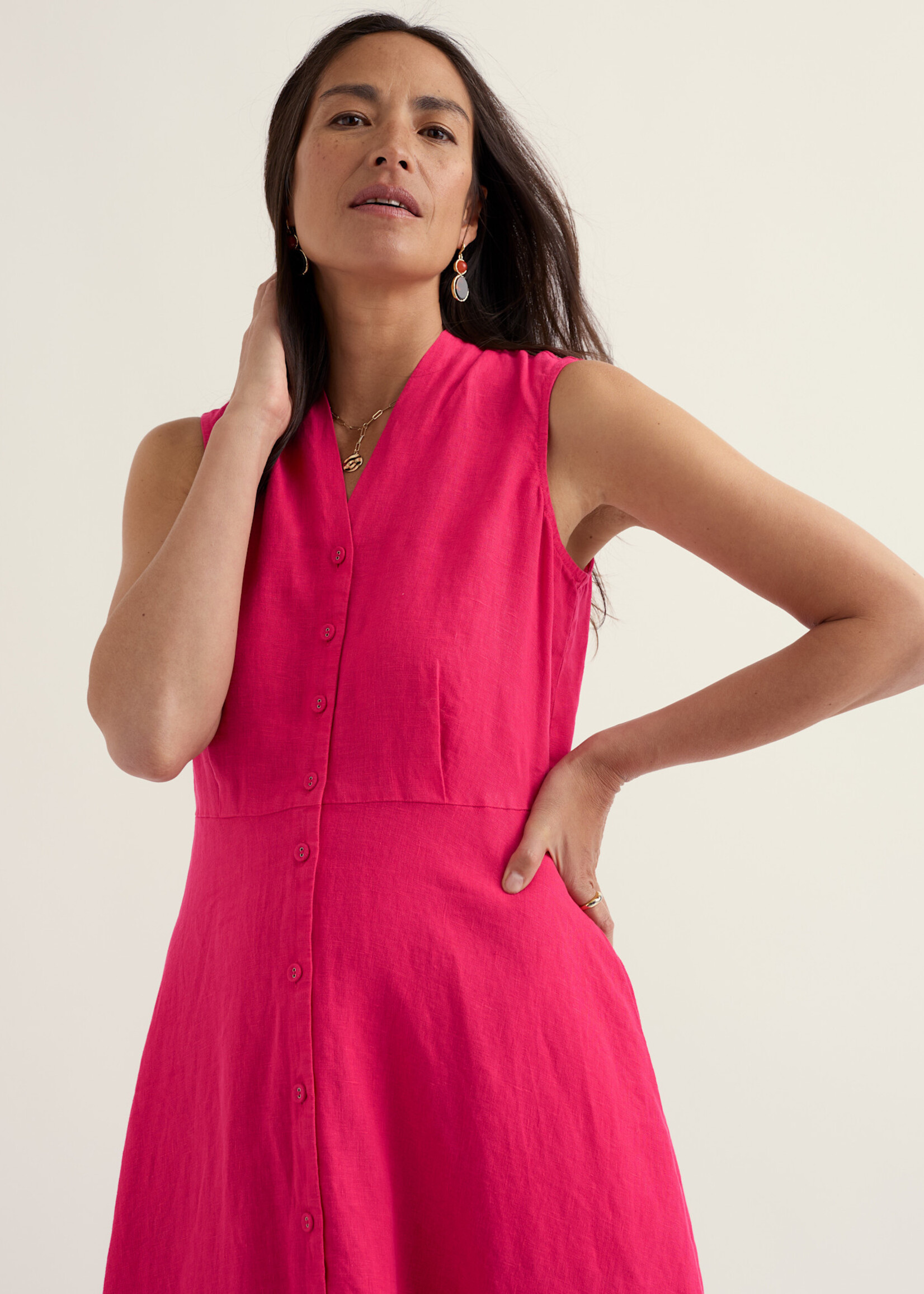 SEASALT CORNWALL SEASALT SLEEVELESS CARVED WOOD LINEN DRESS BRIGHT RADISH