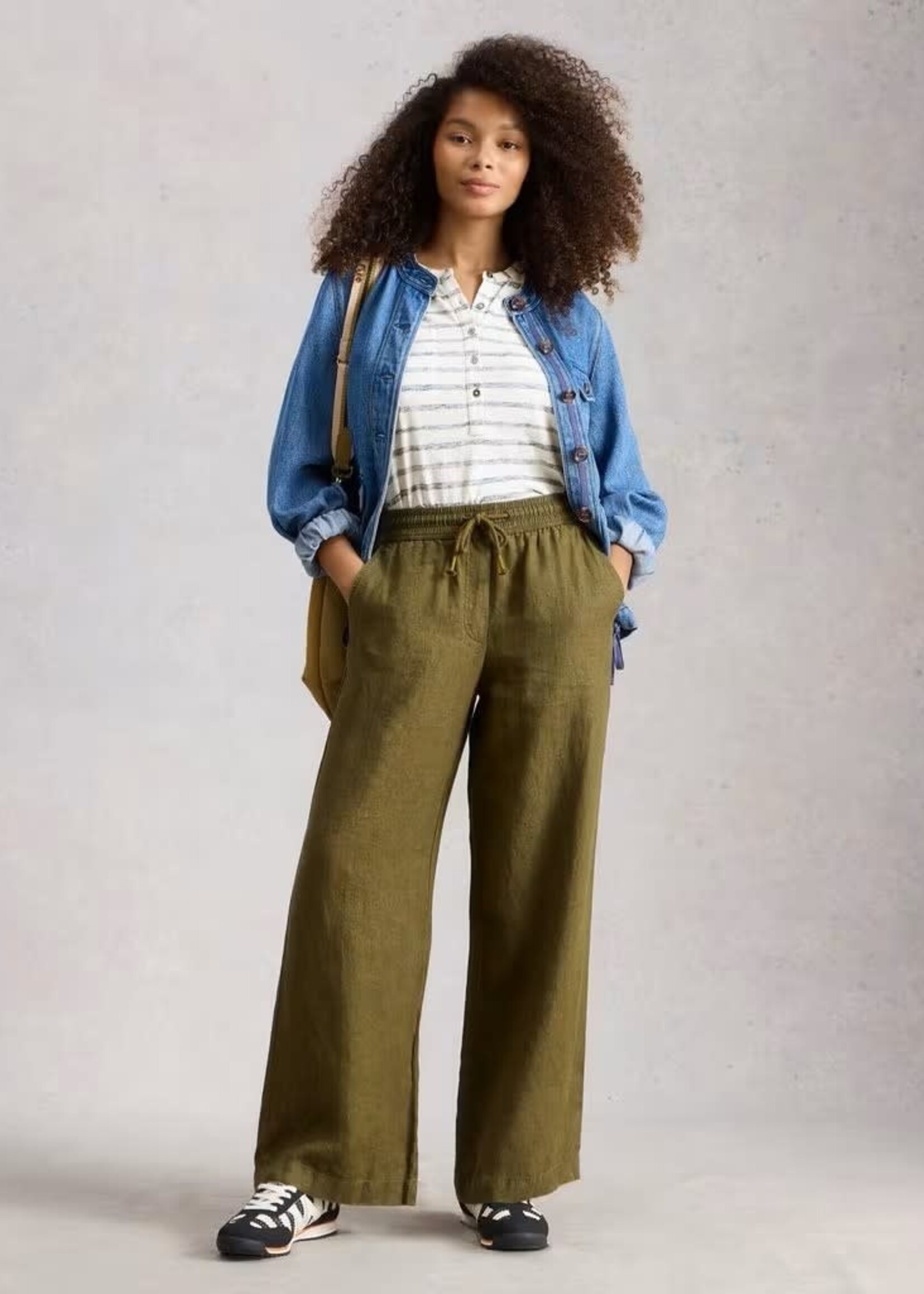 WHITE STUFF WHITE STUFF ALLY LINEN WIDE LEG TROUSER KHAKI GREEN