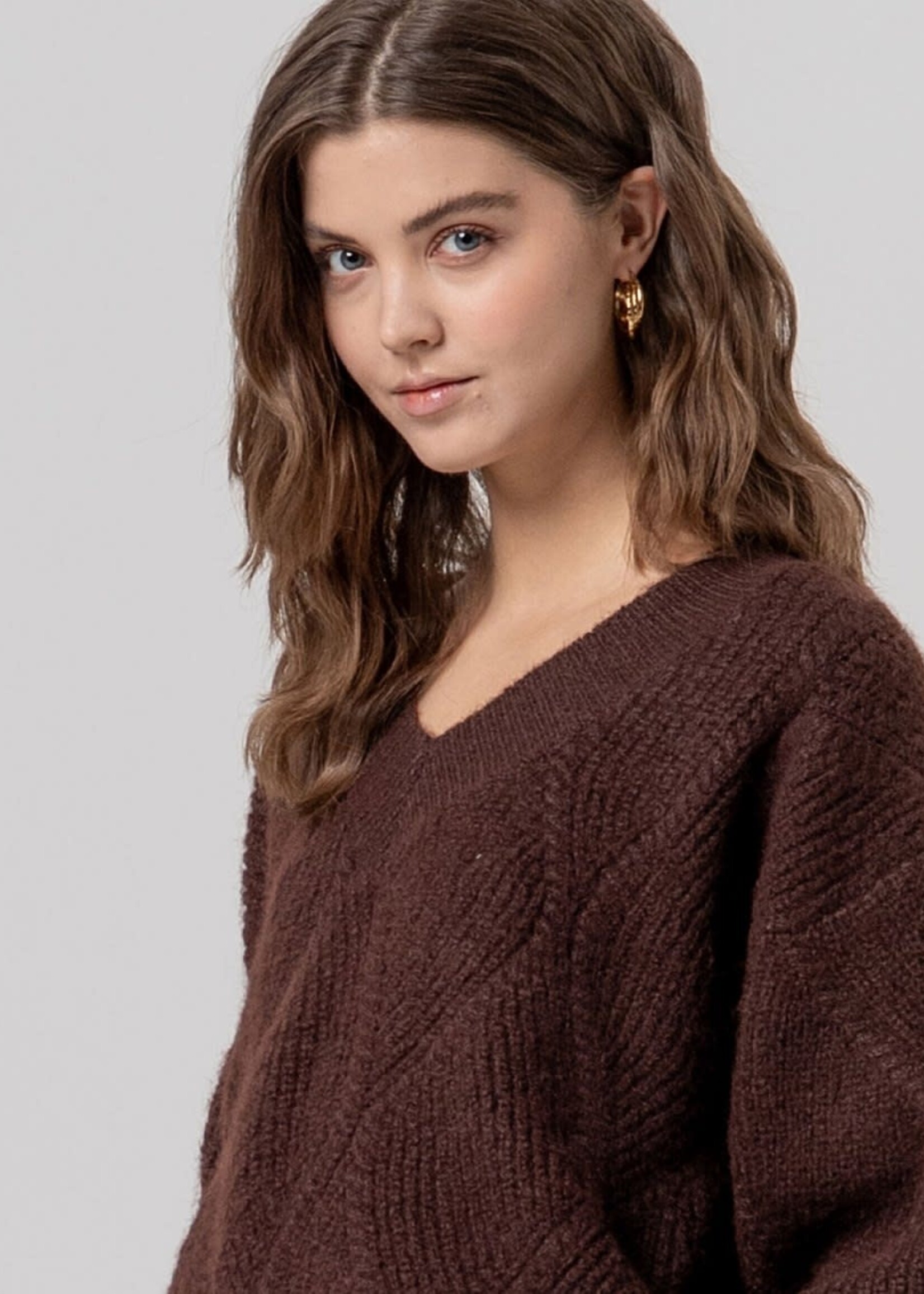 SURKANA SURKANA CABLE V NECK SWEATER CHOCOLATE