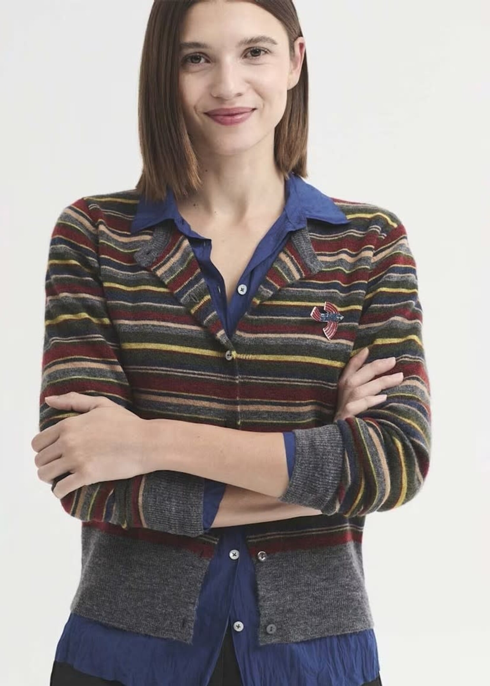 NICE THINGS NICE THINGS MULTI STRIPED KNIT CARDIGAN KHAKI MULTI