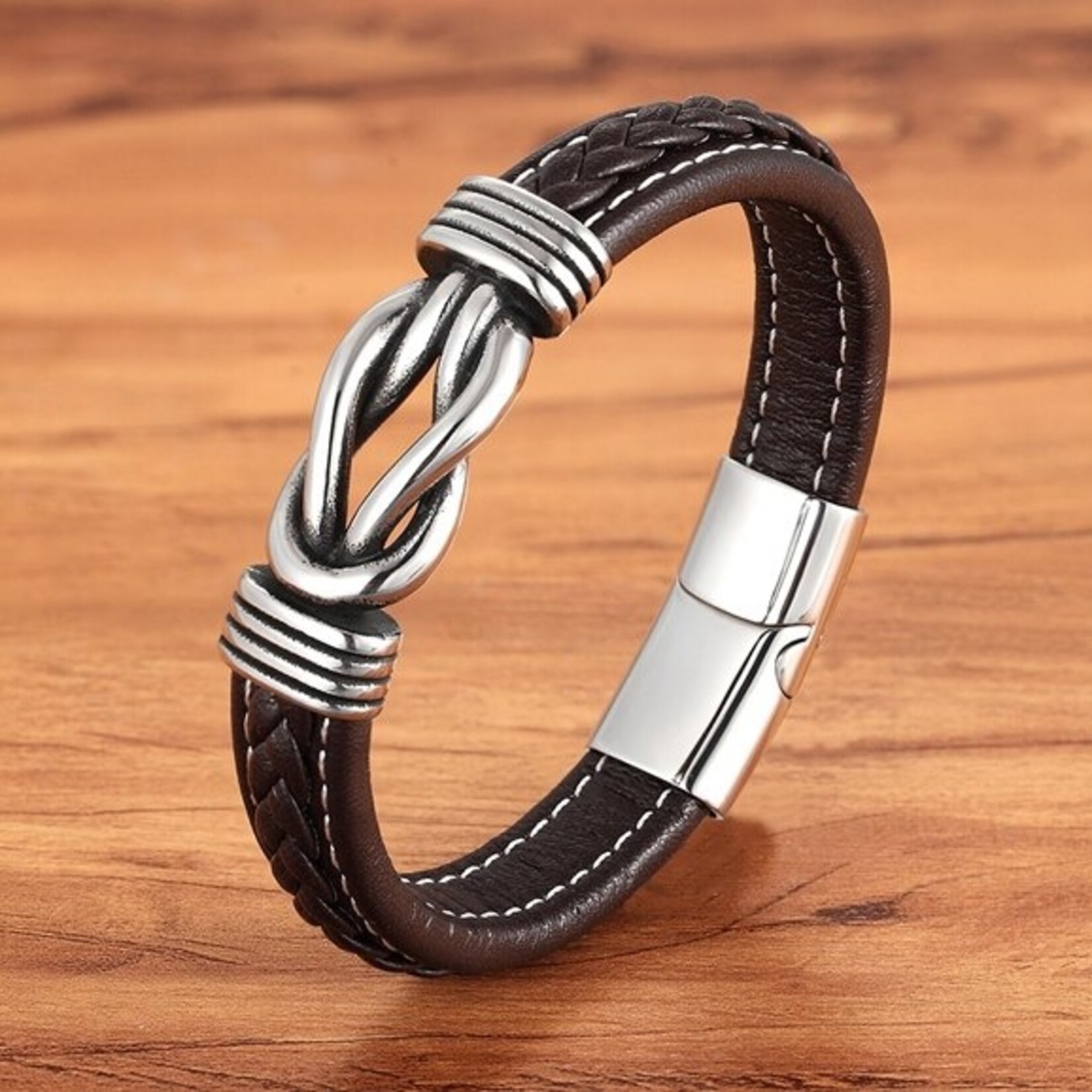 Nenzi Leren armband 12 mm zwart/blauw rvs verbinding 19 cm