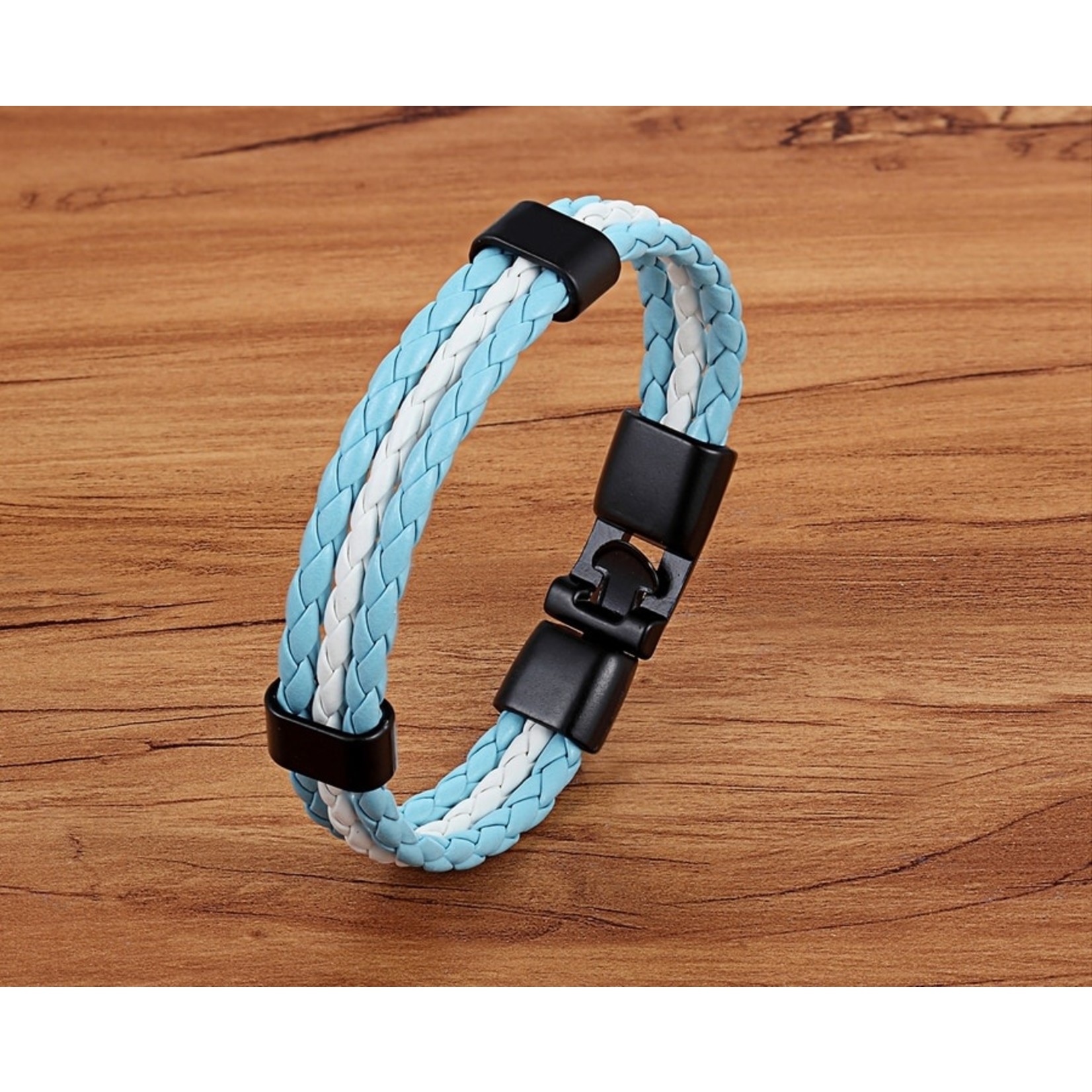 Nenzi Leren armband 12 mm zwart/blauw rvs verbinding 21 cm