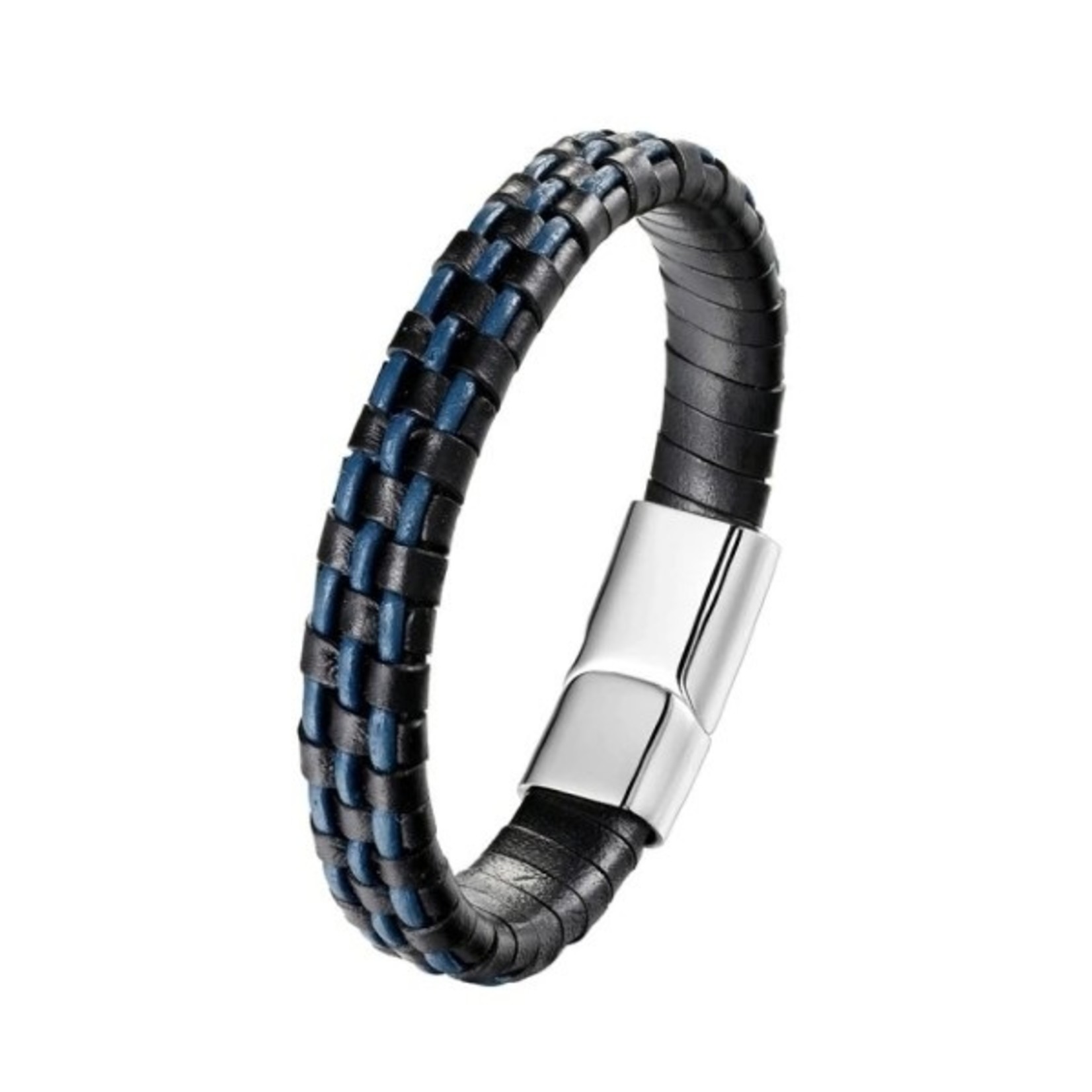 Nenzi Leren armband 12 mm  bruin/blauw rvs  17 cm slum