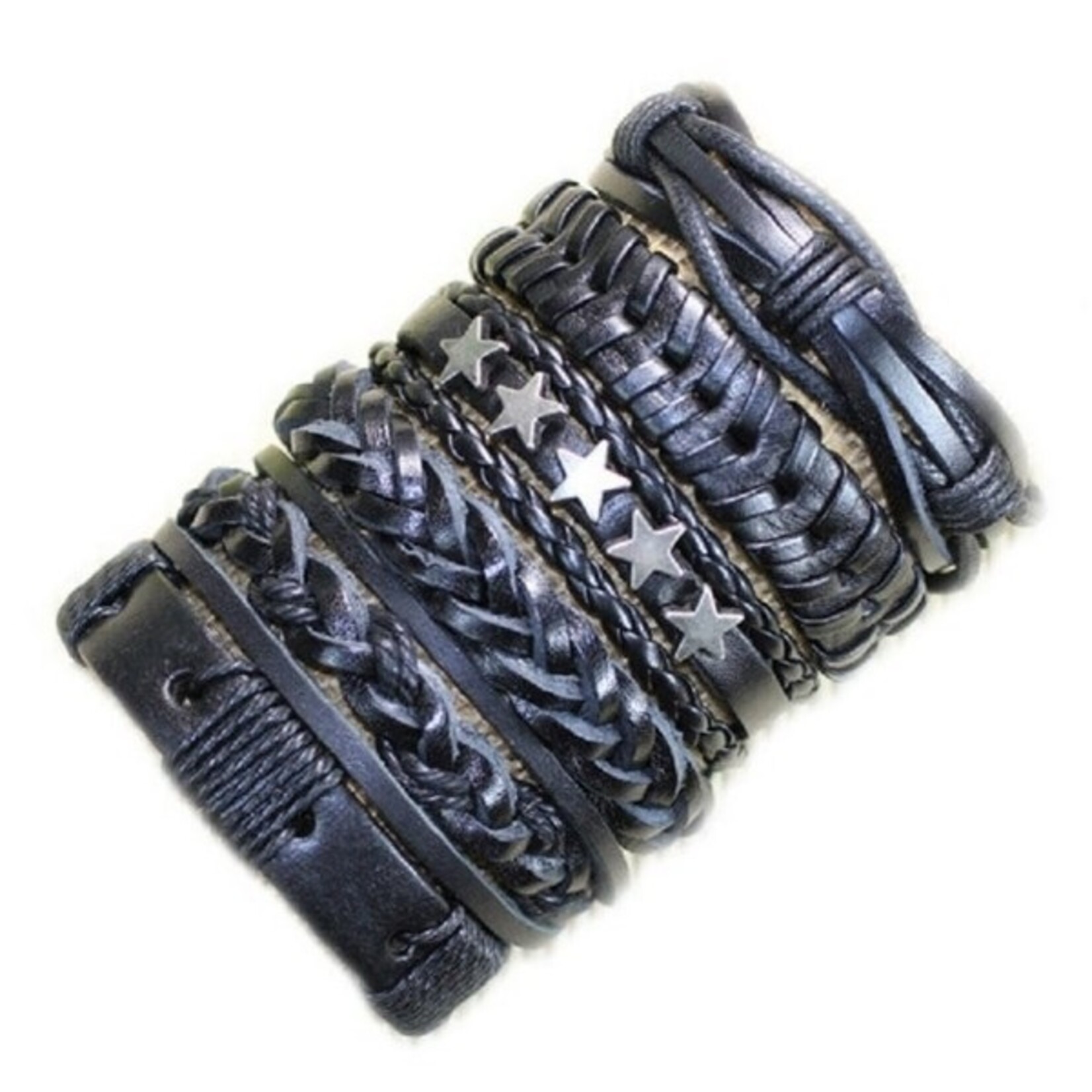 Nenzi 6 Verschillenden echt leren armbanden zwart blauw