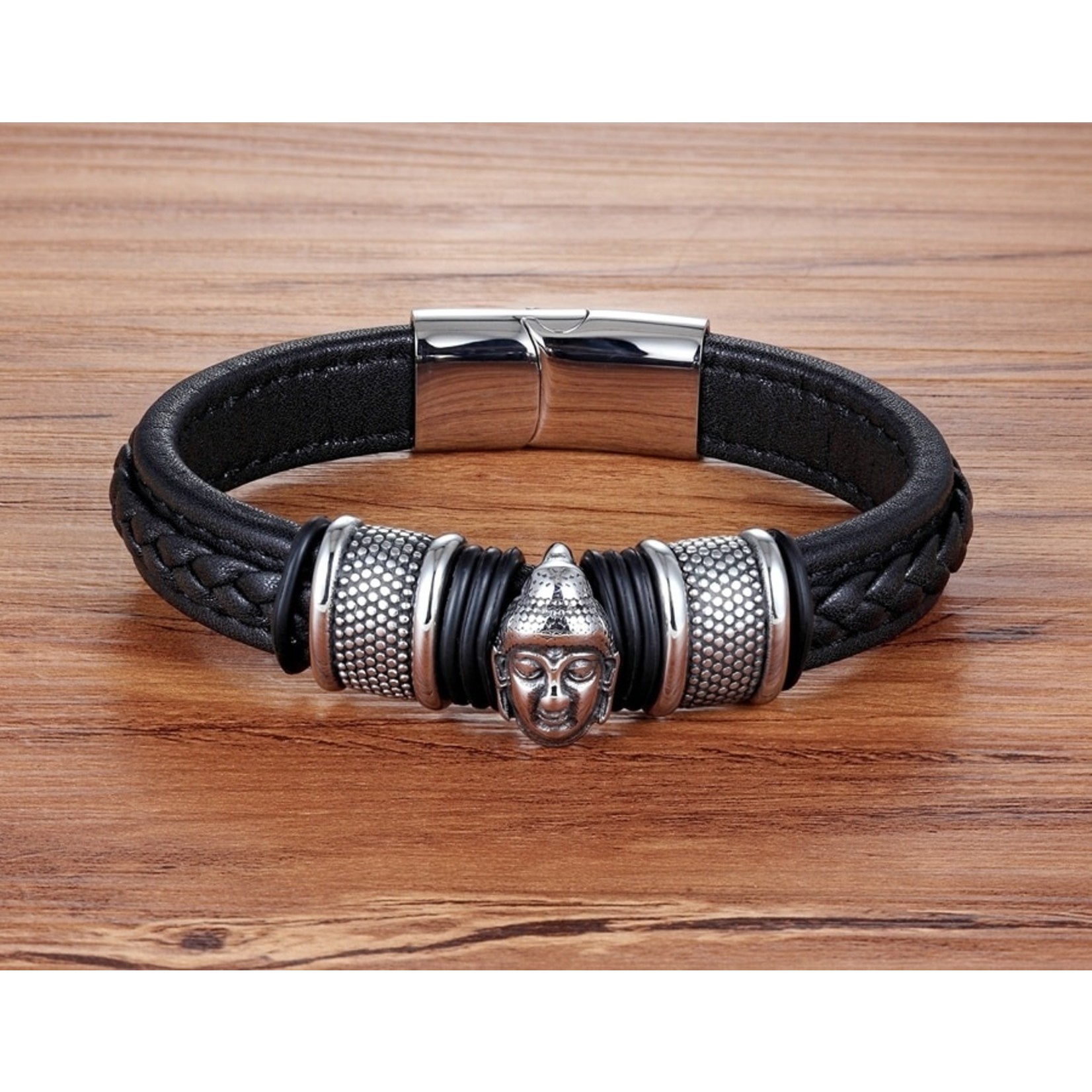 Nenzi Buddha armband leer 21 cm RVS magneet  sluiting