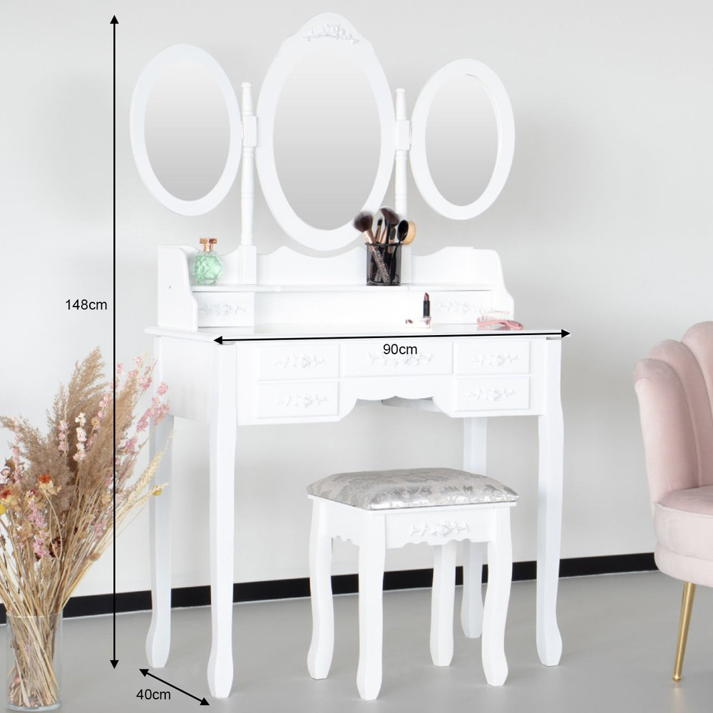 Kaptafel make-up tafel wit inclusief zitbankje spiegel -