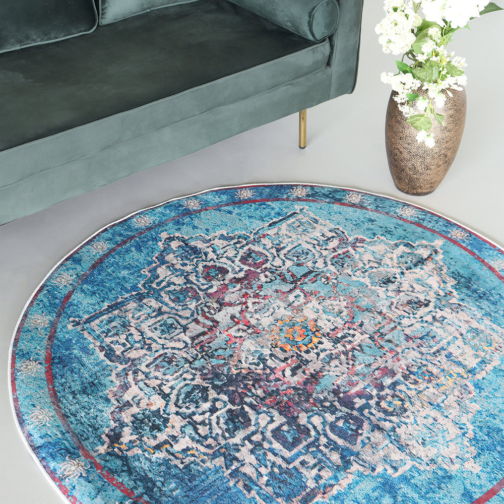 Vloerkleed rond vintage 140cm wit lichtblauw oosters tapijt - AQ-Living.com