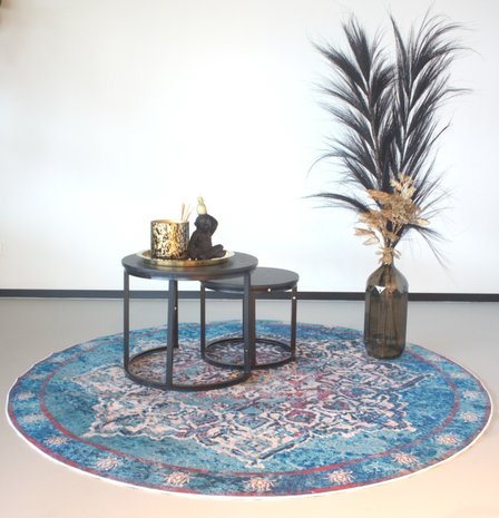 Vloerkleed rond vintage 140cm wit lichtblauw oosters tapijt - AQ-Living.com