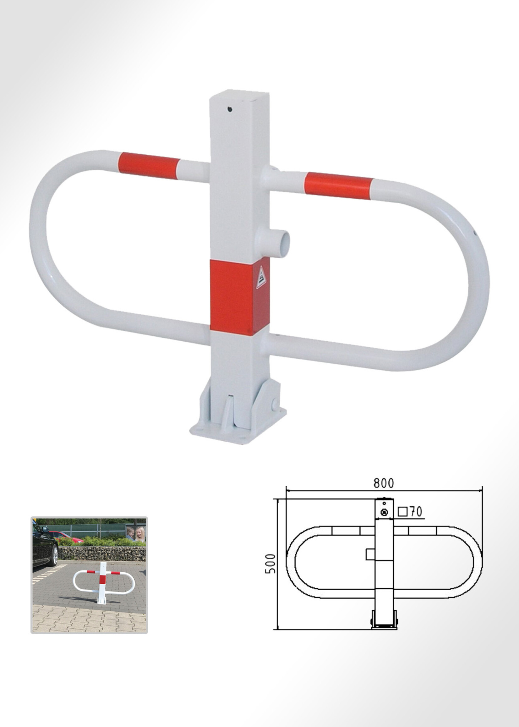 RI-TRAFFIC Klappbare Parkplatzsperre aus Stahl mit Dreikantschloss 800 x 500 mm (ROT-WEISS)