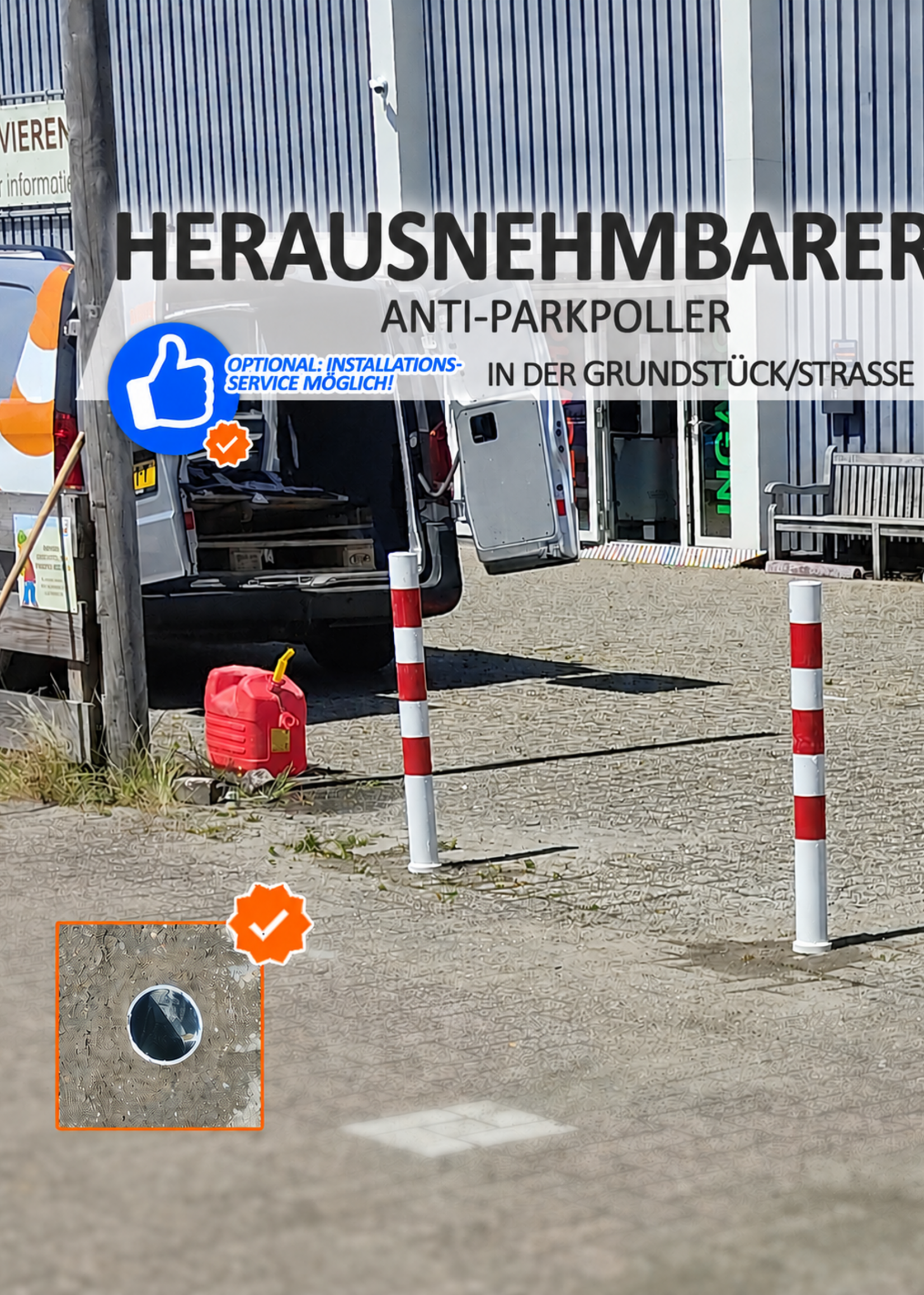 RI-TRAFFIC Herausnehmbarer Anti-Parkpoller (Ausziehbarer Parkpoller) 90 cm hoch, rund Ø 76 mm, inkl. Zylinderschloss mit Schlüsseln + Bodenhülse.