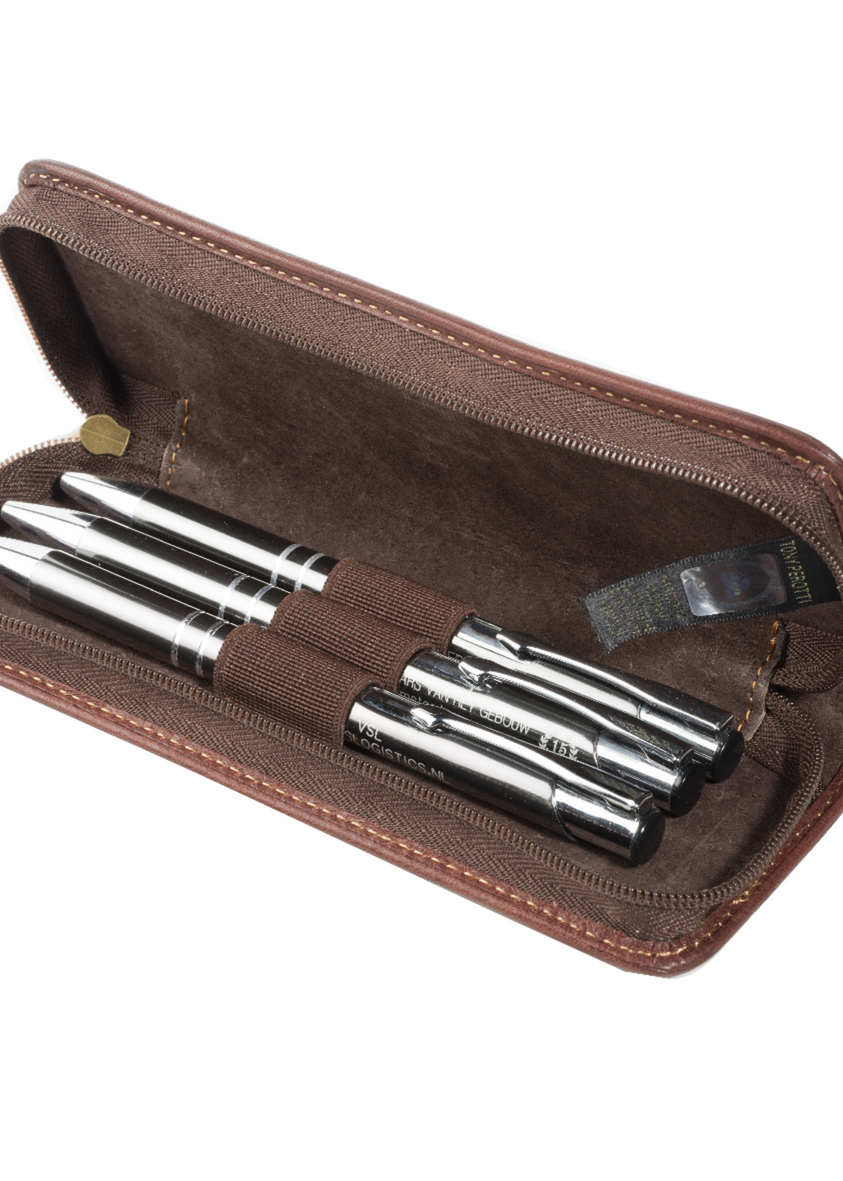 Tony Perotti Pen Etui met rits en 3-penlussen Vintage Brown