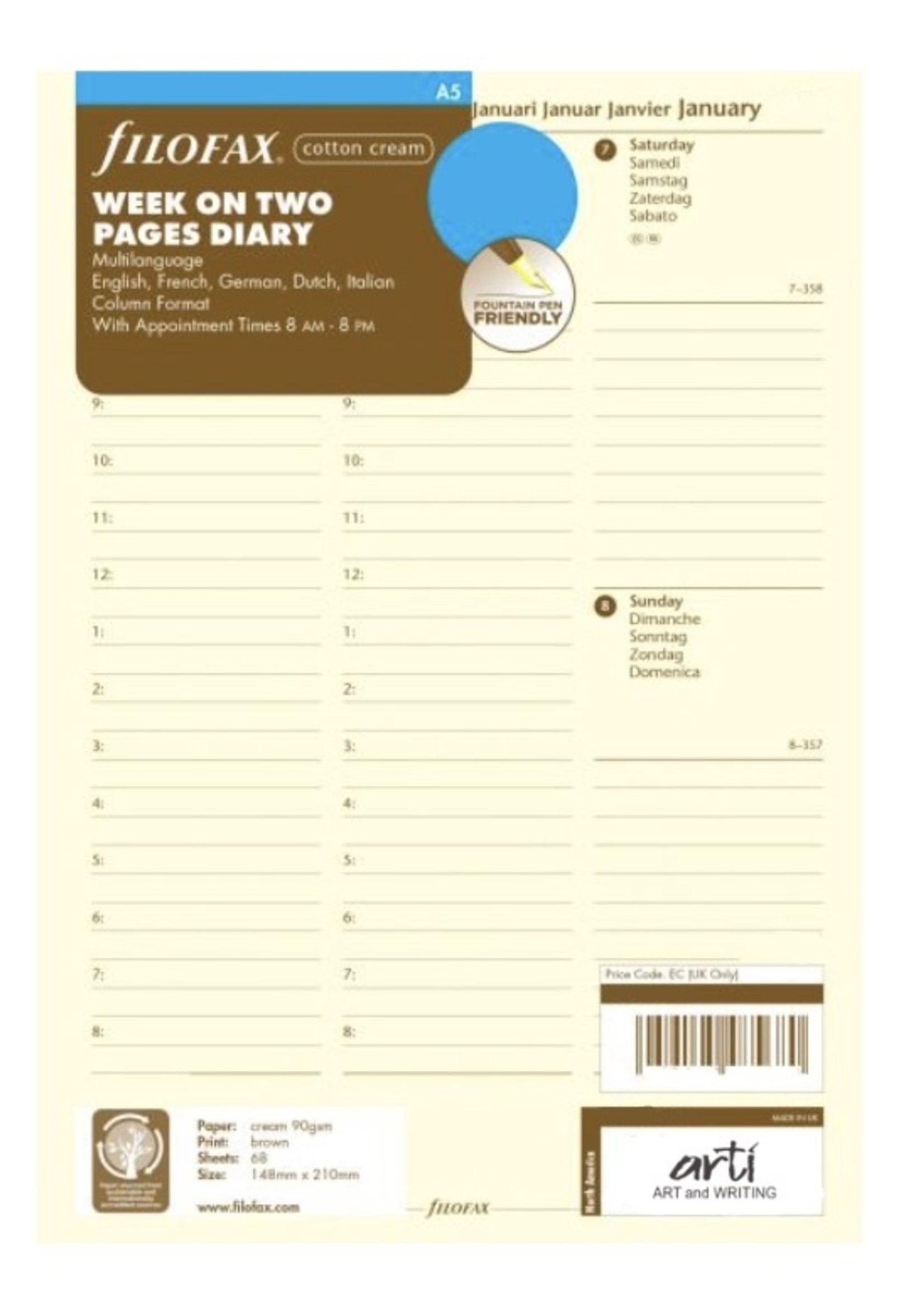 Filofax Agenda Vulling 2026 A5 Crème week/2pag. Vert.