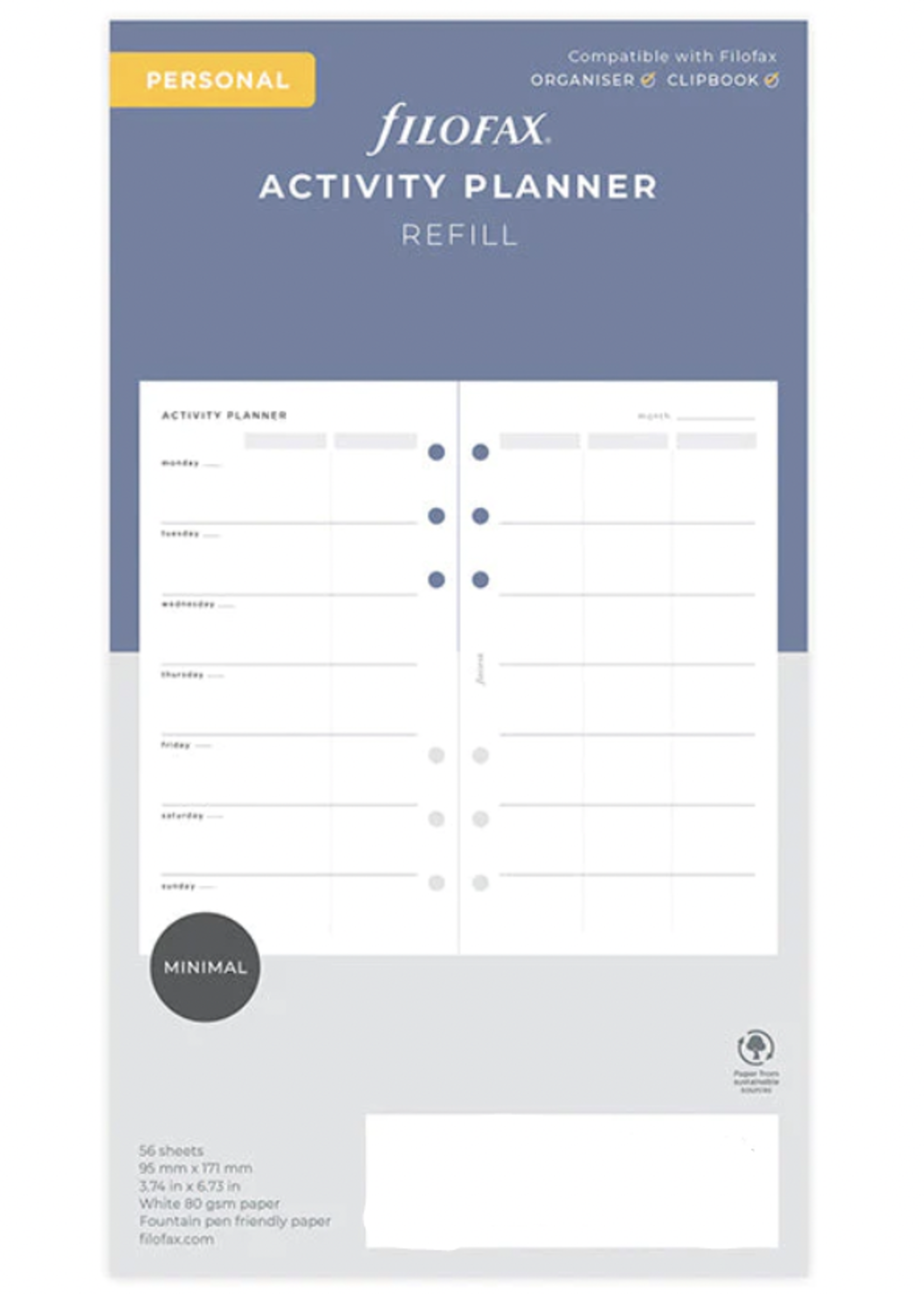 Filofax Organiser Vulling Personal  Wit Activity Planner
