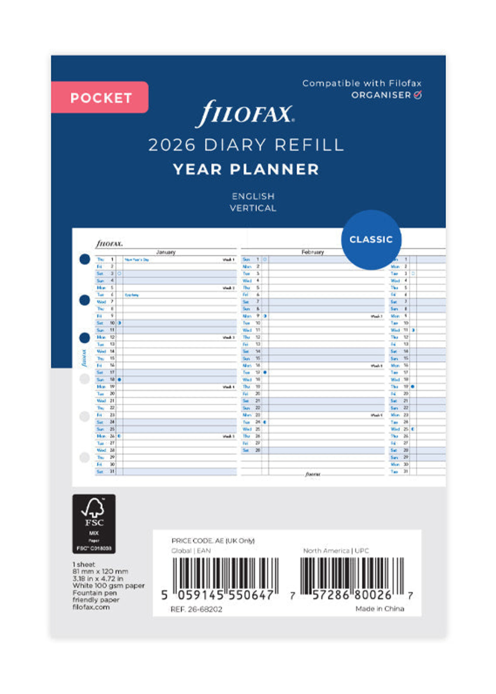 Filofax Agenda Vulling 2026 Pocket Wit Jaarplanner