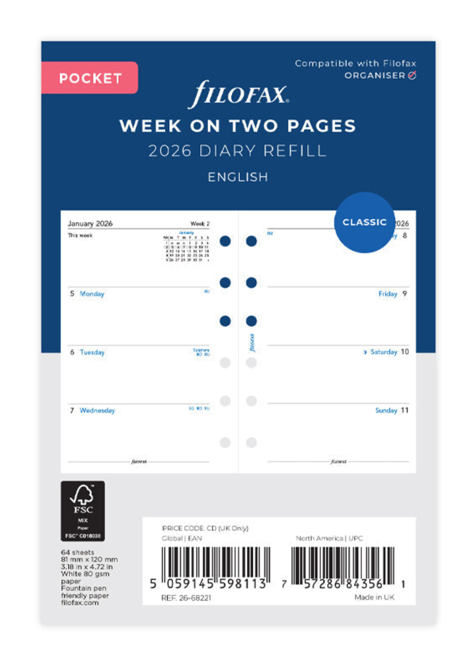 Filofax Agenda Vulling 2026 Pocket Engels Wit week/2pag.