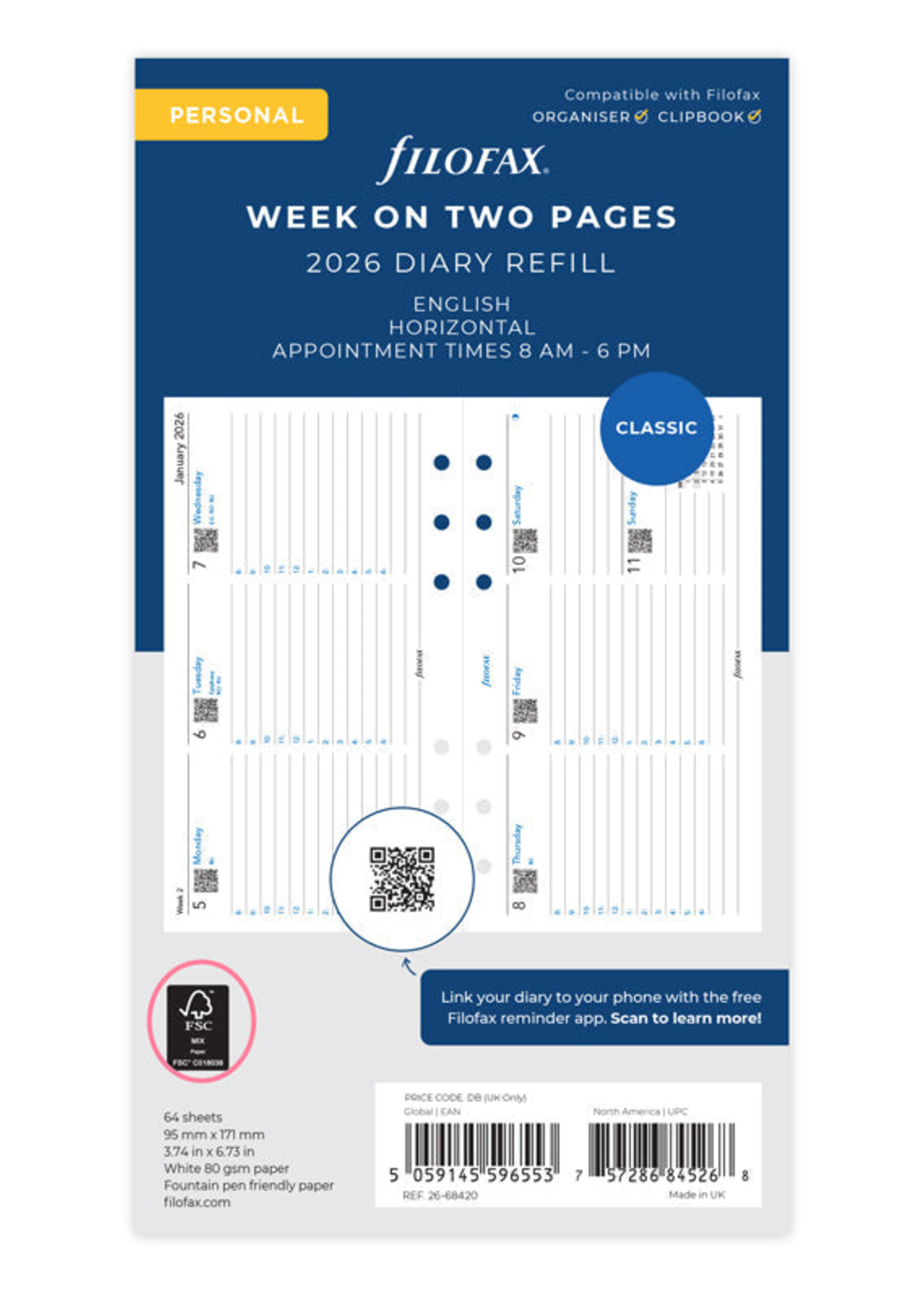 Filofax Agenda Vulling 2026 Personal Wit week/2pag. Hor.