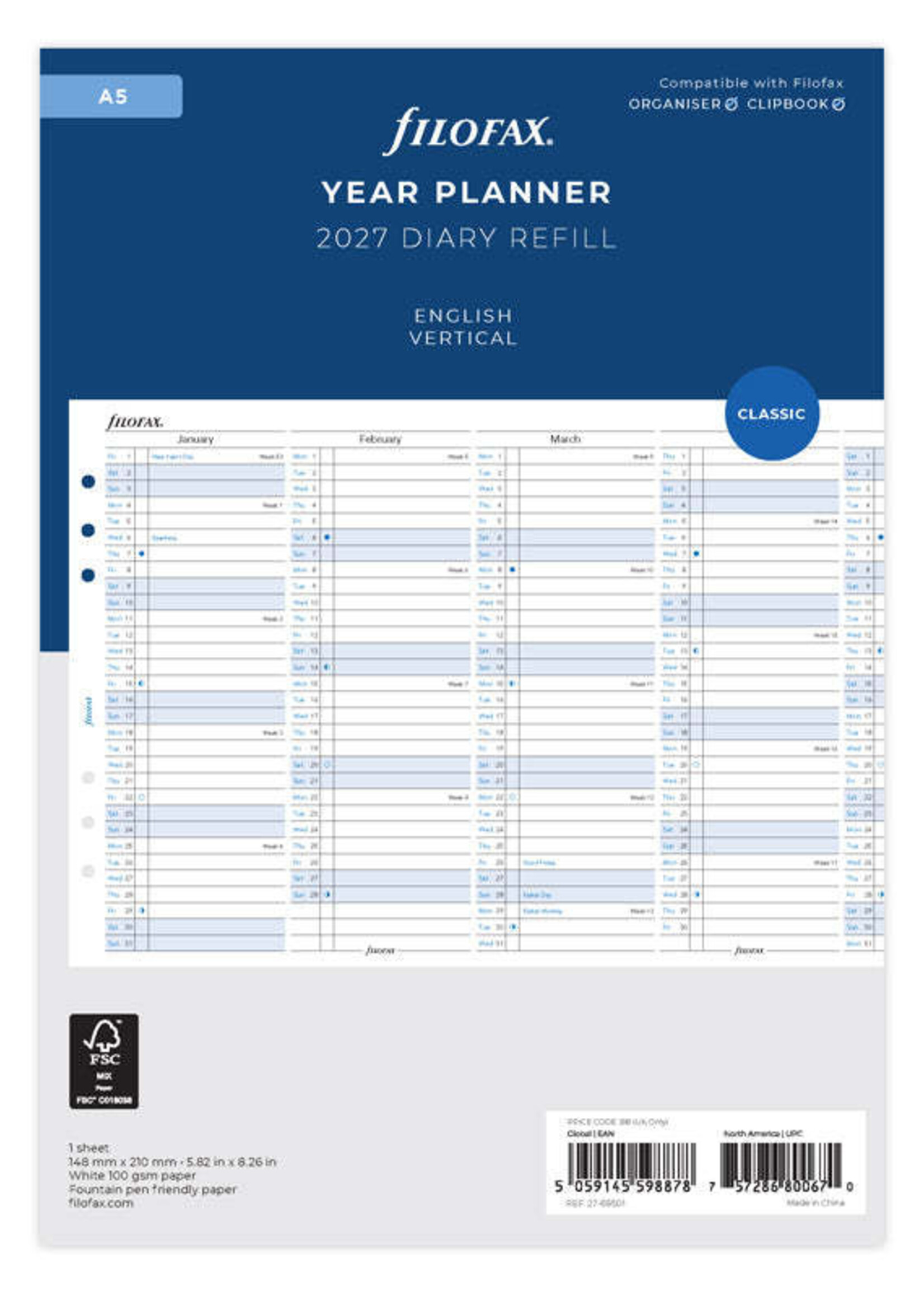 Filofax A5 Agenda Vulling 2027 jaarplanner Wit