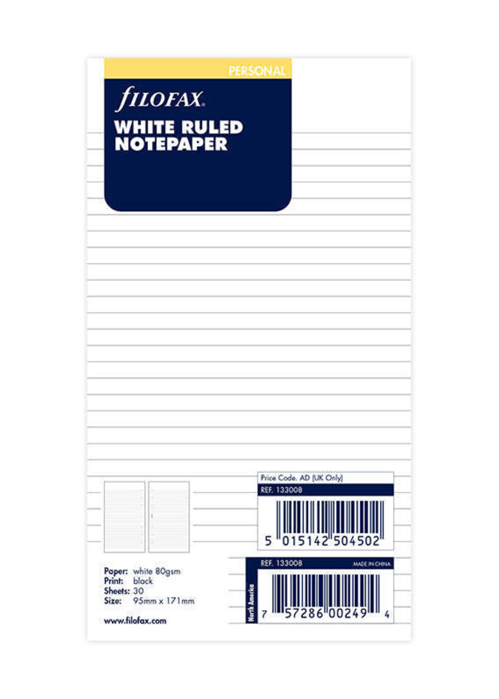 Filofax Organizer Vulling Personal /30vel Wit Gelijnd