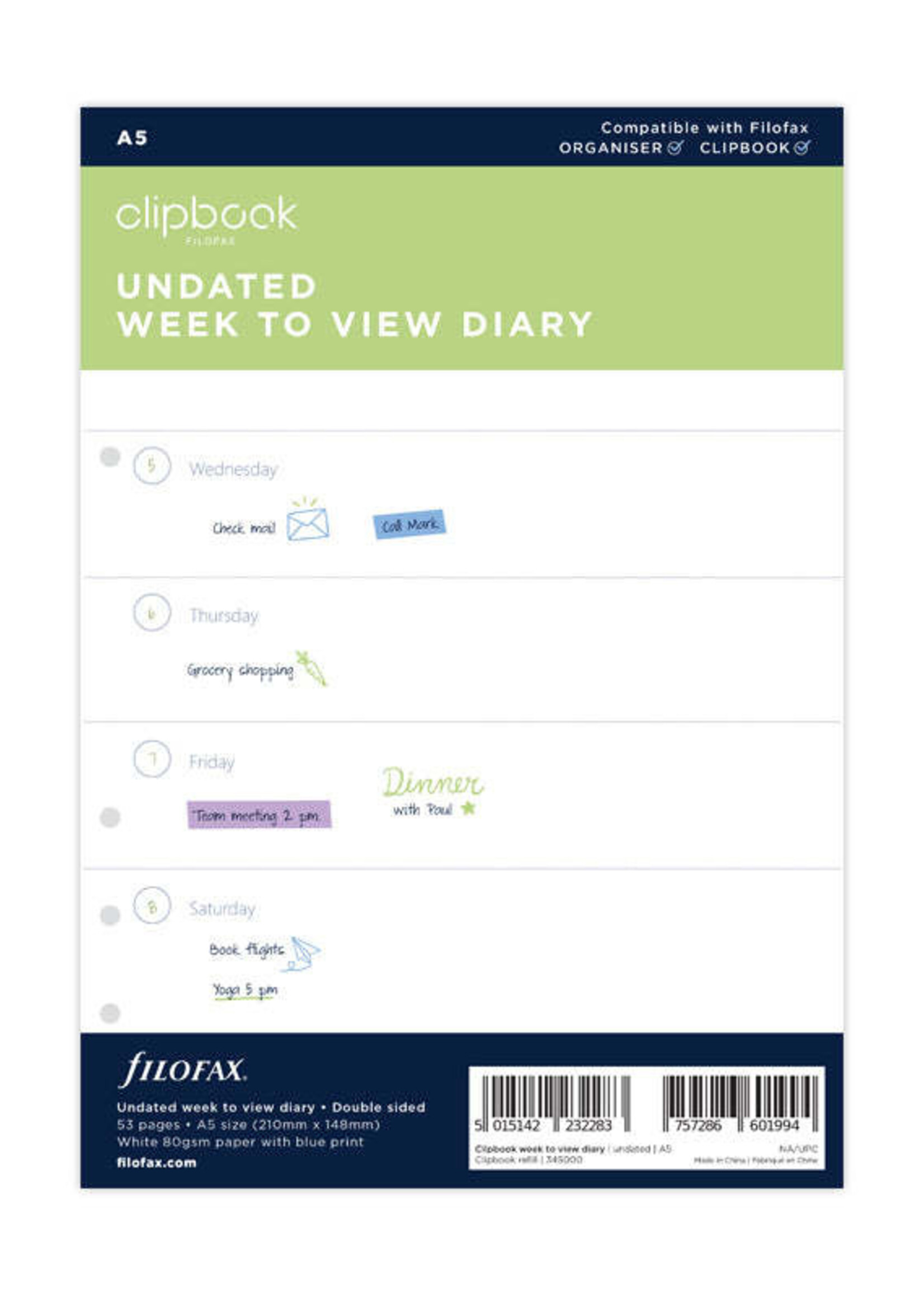 Filofax Organizer Vulling A5 Undated Week to View