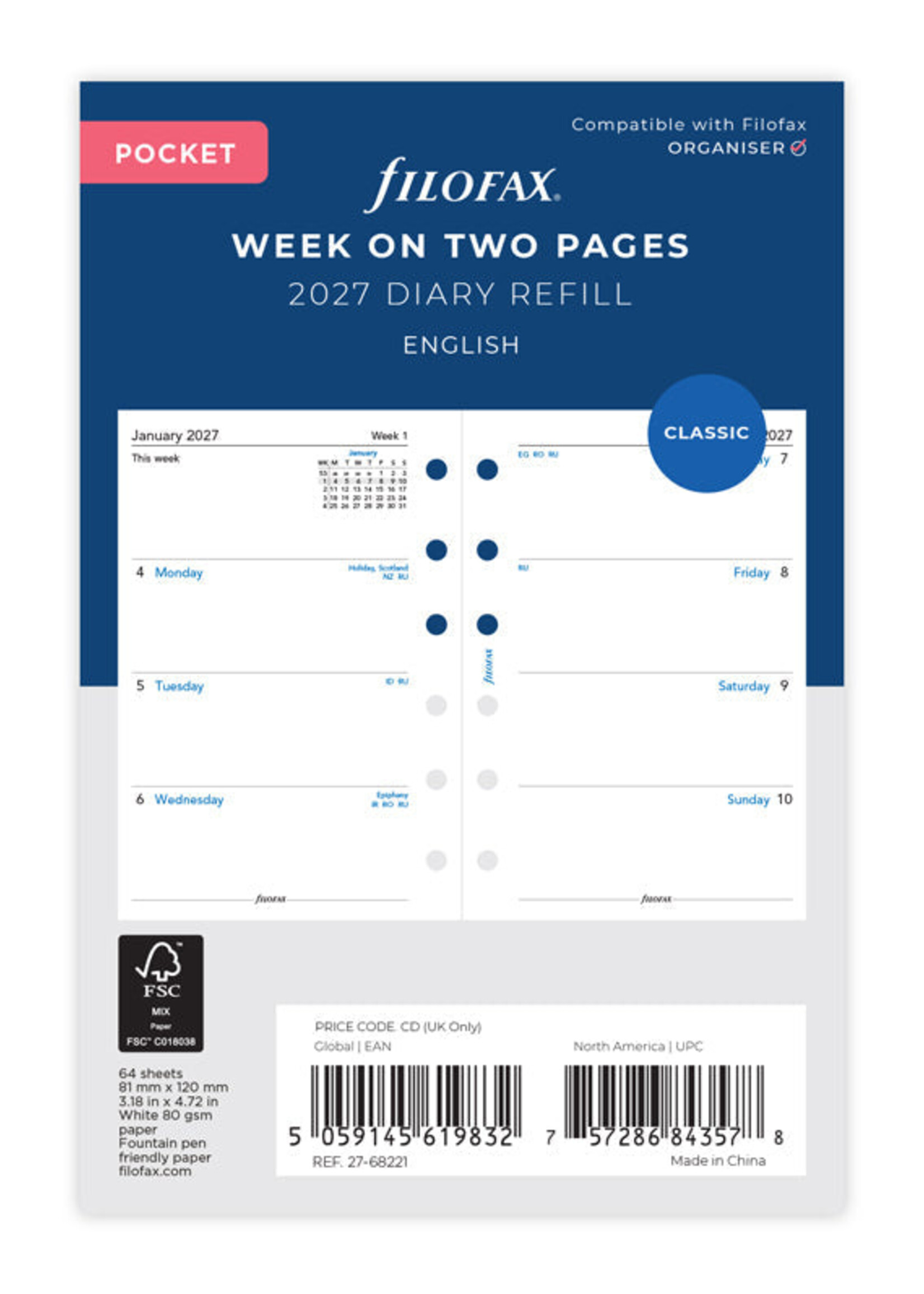 Filofax Agenda Vulling 2027 Pocket Engels Wit week/2pag.