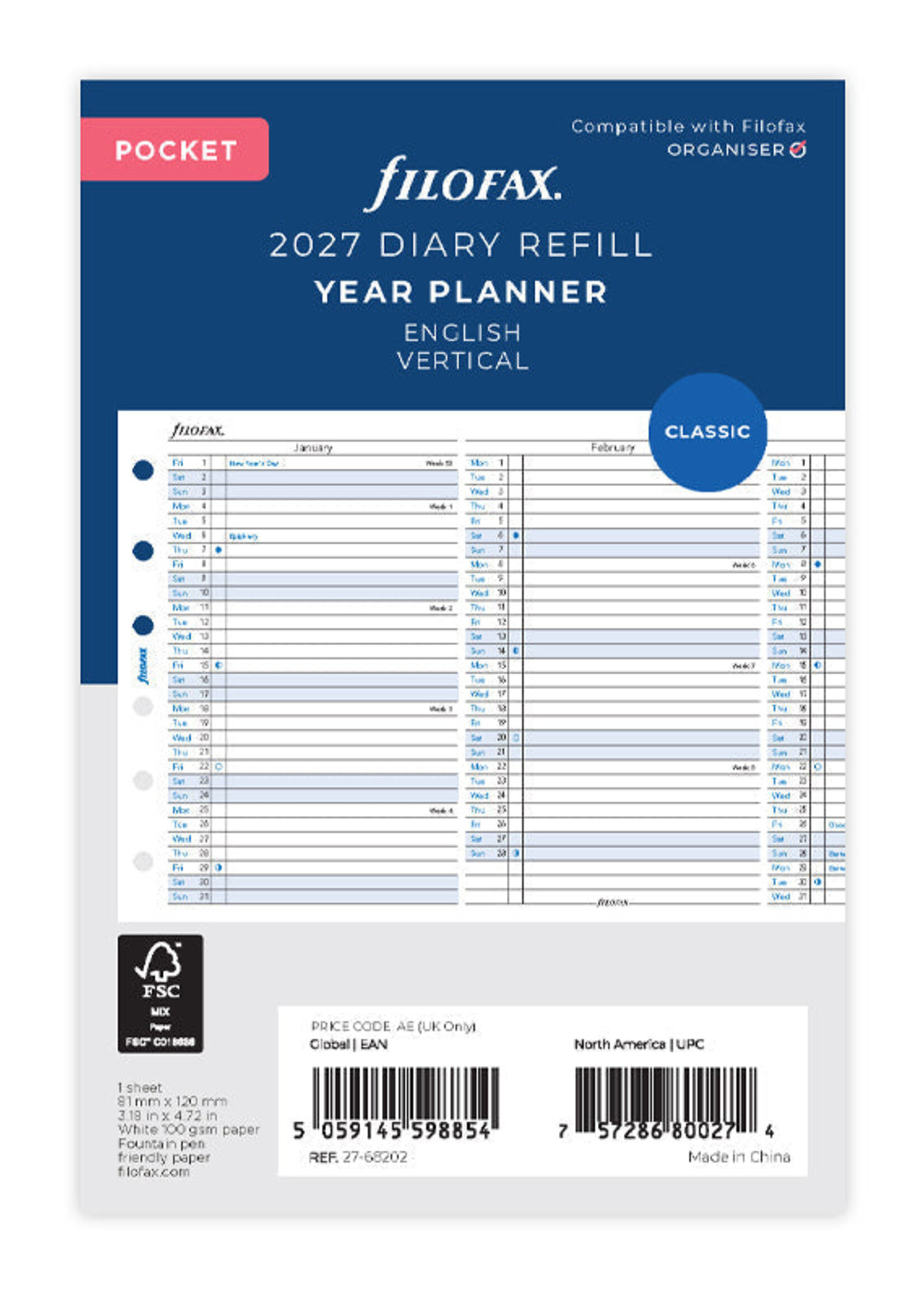 Filofax Agenda Vulling 2027 Pocket Wit Jaarplanner