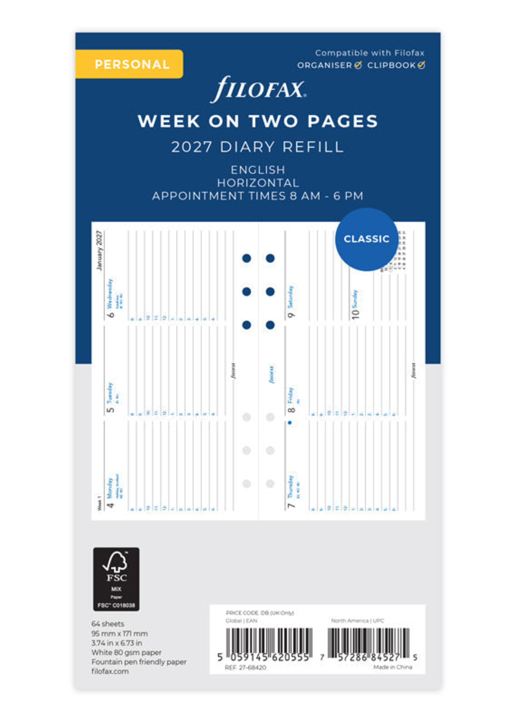 Filofax Agenda Vulling 2027 Personal Wit week/2pag. Hor.