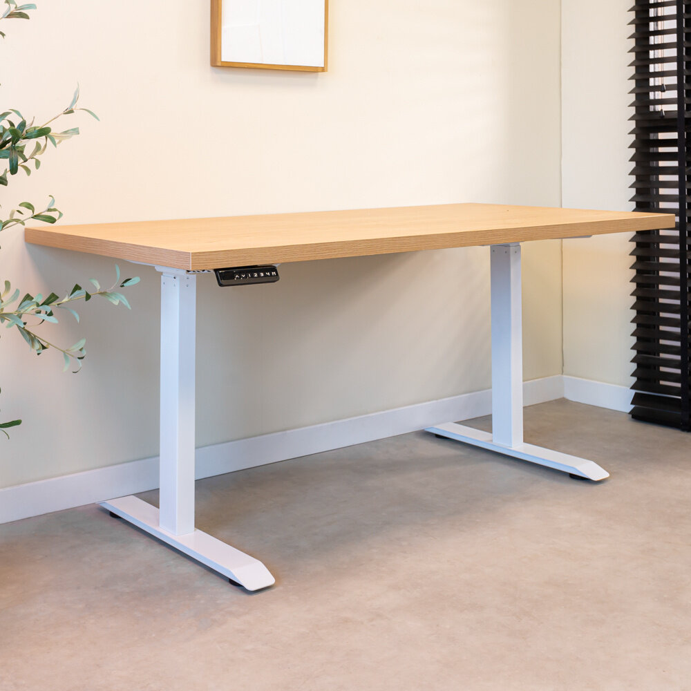 Verstelbaar zit-sta bureau Brussel rustiek eiken met wit onderstel 160 cm Verstelbaar zit-sta bureau Brussel rustiek eiken met wit onderstel 160 cm