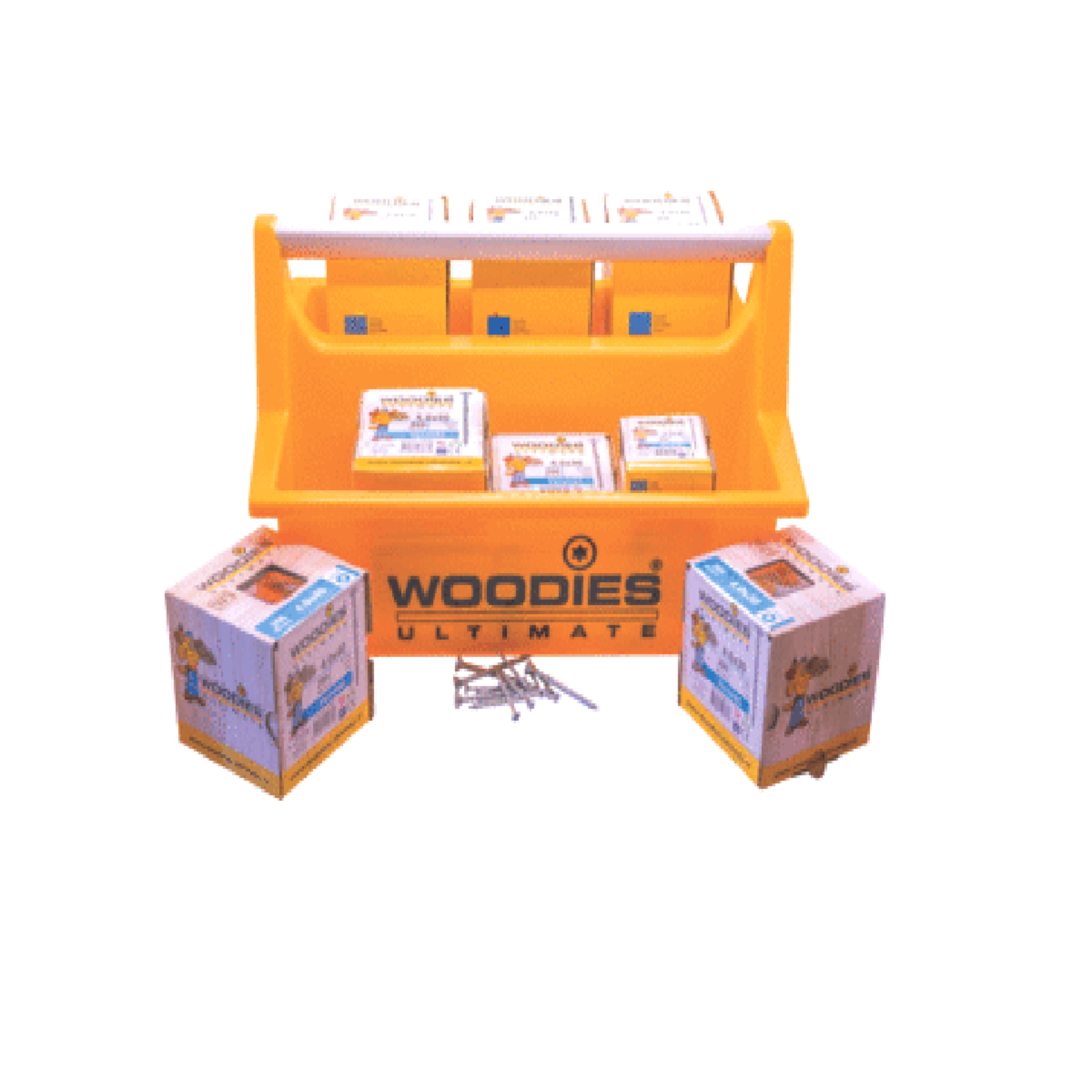 Woodies Woodies® draagkist geel met aluminium handgreep en bedrukking "Woodies" en "Fix it together!" inclusief 2100 verzinkt schroeven