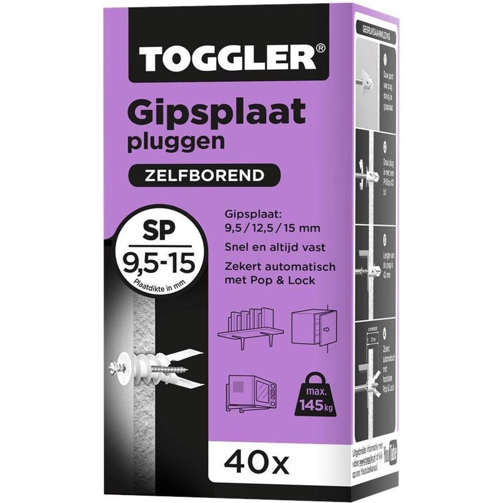 Toggler  Gipsplaatplug voor plaatdikte 9,5-15 mm; 40 stuks