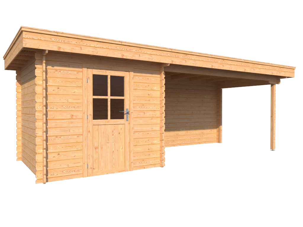 Blokhut met overkapping plat dak 250 x 250 + 400cm | deur CarpGarant buitenverblijven