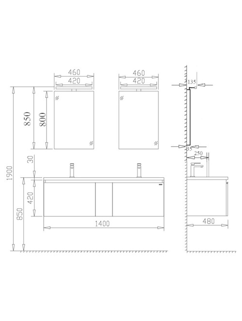 Badkamermeubel Solid Surface Milano 140 centimeter