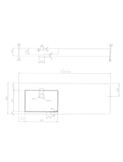 StoneArt Solid Surface wastafel LP4516ZL (zonder kraangaten)