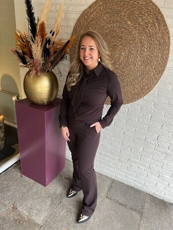 Mi Piace BLOUSE BOW TRAVELSTOF 202709 ESPRESSO Mi Piace BLOUSE BOW TRAVELSTOF 202709 ESPRESSO