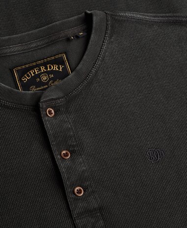 Superdry WAFFLE LONG SLEEVE HENLEY TOP WASHED BLACK