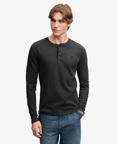 Superdry WAFFLE LONG SLEEVE HENLEY TOP WASHED BLACK