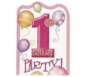 Uitnodiging 1st birthday balloons roze 8 stuks Uitnodiging 1st birthday balloons roze 8 stuks