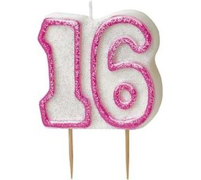 Kaars 16 roze glitter Kaars 16 roze glitter