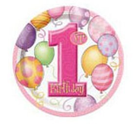 Plate 1st Birthday Balloons Pink 23cm | 8 pieces