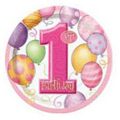 Bord 1st birthday balloons roze 23cm | 8 stuks Bord 1st birthday balloons roze 23cm | 8 stuks