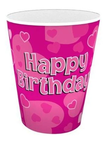 Beker Happy Birthday! roze met harten 8 stuks Beker Happy Birthday! roze met harten 8 stuks