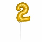 Folat Folienballon Zahl 2 Gold mit Stock | 36cm Folat Folienballon Zahl 2 Gold mit Stock | 36cm