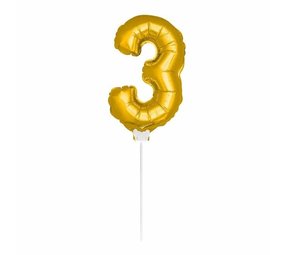 Folat Folie Ballon 3 Goud Met Stokje 36cm | per stuk Folat Folie Ballon 3 Goud Met Stokje 36cm | per stuk