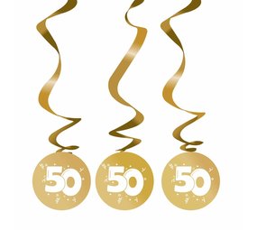 Decoratie swirl goud rond met 50 jaar 3 stuks Decoratie swirl goud rond met 50 jaar 3 stuks