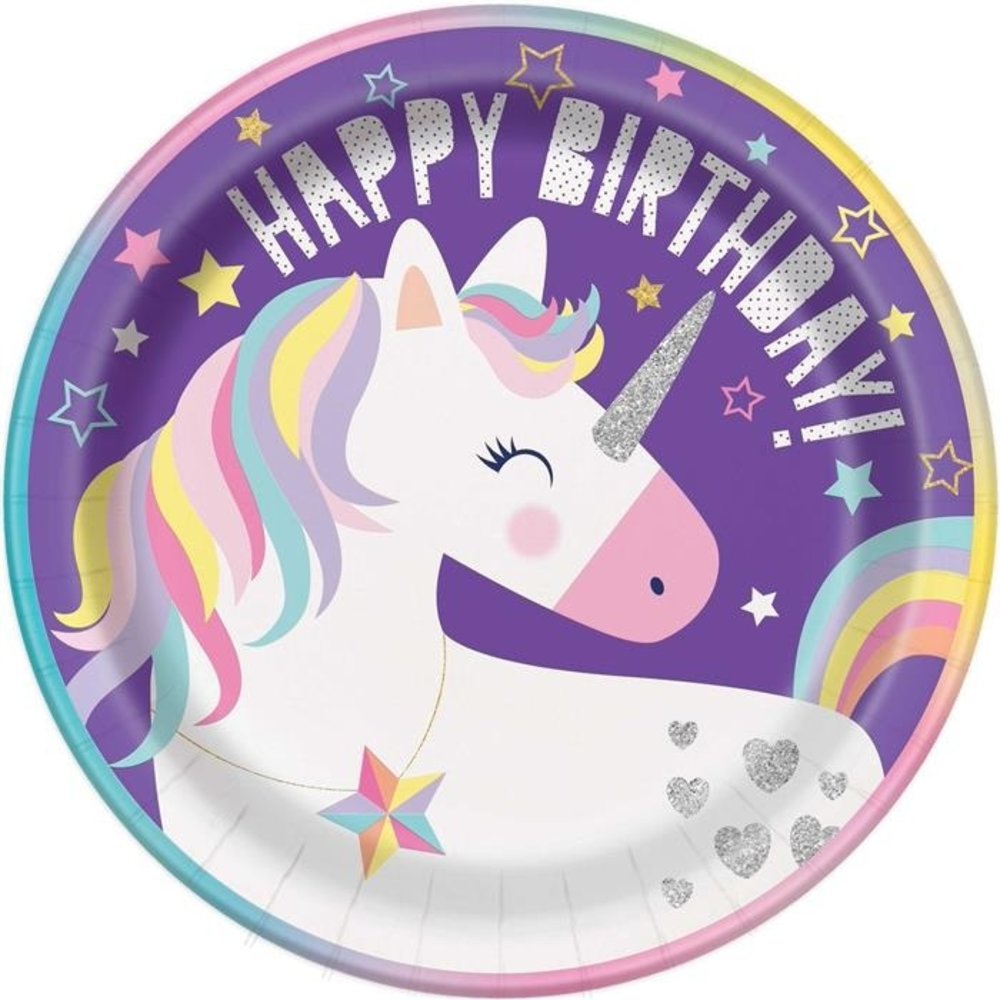 Unique Party Assiette Unicorn Hooray Happy Birthday 23cm | 8 pièces
