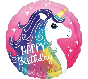 Folie ballon Eenhoorn Regenboog Happy Birthday 45cm