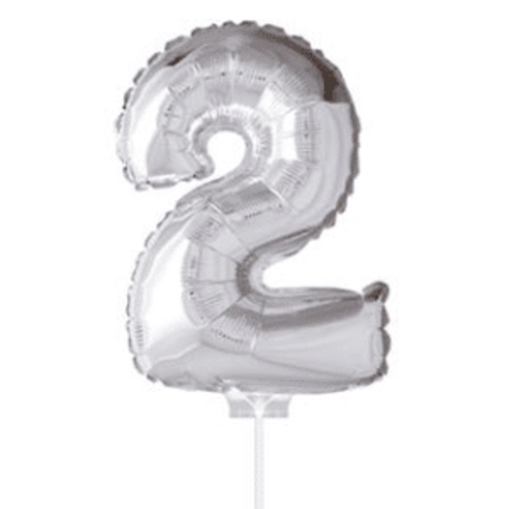 Ziffer Ballon 2 Silber mit Stick | 40 cm