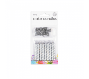 Silver metallic cake candles 12 pieces with separate holders