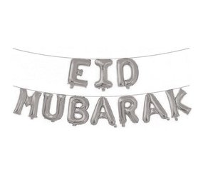 Haza - Witbaard Folie Ballonnen Eid Mubarak Zilver | 4 meter Haza - Witbaard Folie Ballonnen Eid Mubarak Zilver | 4 meter
