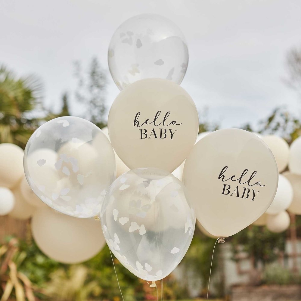 Ginger Ray Hello Baby Taupe and Clouds Confetti Balloons | 5 pieces Ginger Ray Hello Baby Taupe and Clouds Confetti Balloons | 5 pieces